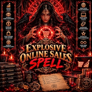 Può includere: Un grafico digitale con una figura centrale dagli occhi rossi e due corvi, circondato da testo tra cui "EXPLOSIVE ONLINE SALES SPELL", elenchi di obiettivi aziendali, una pila di libri con termini di prosperità e una tazza "BIG SALES ENERGY".