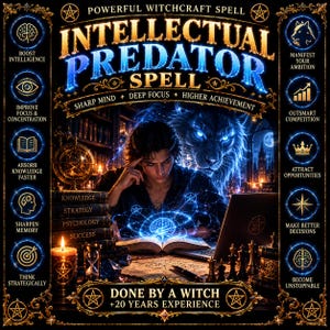 Può includere: Un grafico digitale intitolato INTELLECTUAL PREDATOR SPELL che mostra una persona che legge un libro con un'icona del cervello luminosa, un leone spettrale e pile di libri etichettati KNOWLEDGE, STRATEGY, PSYCHOLOGY, SUCCESS. Include icone e testo.