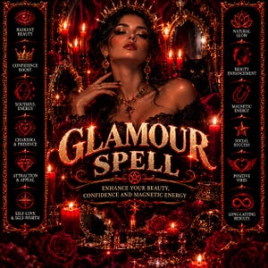 Könnte beinhalten: Eine digitale Grafik mit dem Titel GLAMOUR SPELL, die eine Person mit dunklem Haar und einer Krone zeigt, umgeben von roten Rosen, Kerzen und Spiegeln. Der Text lautet ENHANCE YOUR BEAUTY, CONFIDENCE AND MAGNETIC ENERGY, mit verschiedenen Symbolen.