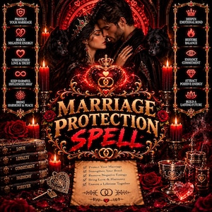 May include: A digital graphic titled Marriage Protection Spell featuring a couple, two black wolves, and red candles. The text lists benefits like Protect Your Marriage, Block Negative Energy, and Strengthen Love & Trust, with a parchment scroll below.