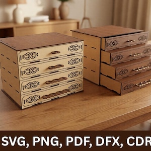 May include: Two wooden storage organizers with four drawers each, featuring laser-cut decorative scrollwork on the drawer fronts and small metal handles. The text SVG, PNG, PDF, DFX, CDR is displayed at the bottom of the image.