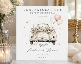 Personalised Wedding Day Card for Couple, Custom Names and Date, Just Married Vintage Car Card, Floral Newlywed Keepsake
