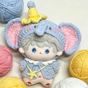 Elephant Hat Clothes Overalls Crochet Set 3.94" Doll Outfit Handmade Custom Fashion Skirt Lovey Removable No Sew Dress Up Material Kit