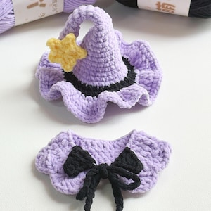 Conjunto de crochê com chapéu de bruxa roxo para boneca de 10 cm (3,94") - Roupa feita à mão, personalizada e estilosa - Saia removível - Sem costura - Kit de materiais para vestir
