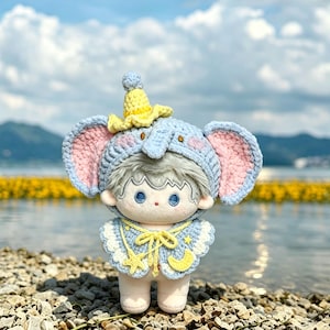 Elephant Hat Clothes Overalls Crochet Set 3.94" Doll Outfit Handmade Custom Fashion Skirt Lovey Removable No Sew Dress Up Material Kit