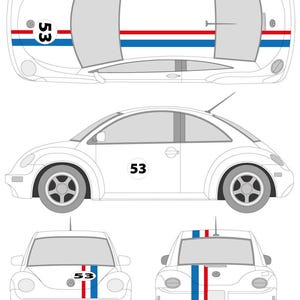 Puede incluir: Un coche Volkswagen Beetle blanco mostrado desde vistas superior, lateral, frontal y trasera. El coche presenta un patrón de rayas de carreras rojas, blancas y azules a lo largo del centro y el número 53 en un círculo negro en el capó y puertas.