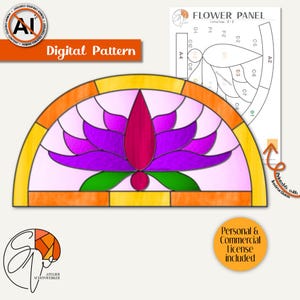 Könnte beinhalten: Ein digitales Buntglas-Muster mit einem halbkreisförmigen Design und einer zentralen violetten und magentafarbenen Lotusblüte. Das Muster enthält eine druckbare Schneidevorlage mit der Aufschrift FLOWER PANEL, orangefarbene Ränder und ein Logo.