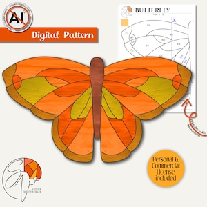 Könnte beinhalten: Ein digitales Schnittmuster für einen Schmetterling mit orangefarbenen und gelben Flügeln und einem braunen Körper. Das Bild enthält eine druckbare Vorlage mit Anleitungen, den Text Digital Pattern und den Text Personal & Commercial License included.