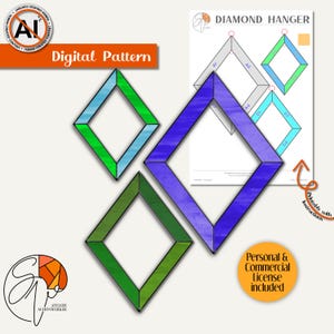 Op de afbeelding: Een digitaal patroon voor een diamanten hanger met drie ruitvormige frames in blauw-groene, effen groene en paarse gradiënten. Het document bevat de tekst Diamond Hanger, printbare instructies en een persoonlijke en commerciële licentie.