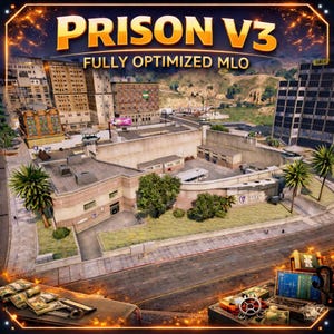 Könnte beinhalten: Eine digitale Luftaufnahme eines Gefängniskomplexes mit beigen Gebäuden, einem zentralen Innenhof und umliegenden Straßen. Der Text PRISON V3 FULLY OPTIMIZED MLO steht oben. Geldbündel und Baupläne sind im Vordergrund zu sehen.