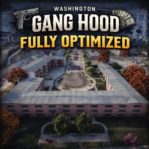 Könnte beinhalten: Eine Luftaufnahme eines Backstein-Wohnkomplexes mit einem zentralen Innenhof, mit dem Text WASHINGTON GANG HOOD FULLY OPTIMIZED, einer Pistolen-Grafik links und einem Fächer aus Geldscheinen rechts vor einem dunklen Hintergrund.