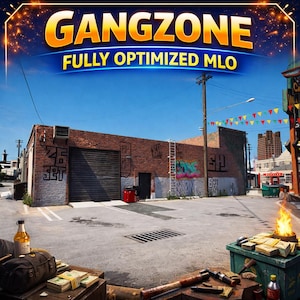 May include: A digital rendering of a brick warehouse exterior with a roll-up door, graffiti, and a parking lot. In the foreground, a green dumpster holds stacks of cash and a fire, with a baseball bat, bottle, and bag nearby. Text reads GANGZONE.