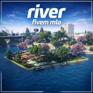 May include: A digital rendering of a river island featuring a park with green trees, pink flowering bushes, wooden structures, and paved walkways. Two small motorboats are docked at the edge of the island. The text 'river fivem mlo' is displayed.