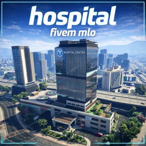 May include: A digital rendering of a modern hospital building featuring a tall glass tower with the text Hospital Center and a blue medical star emblem. The structure includes a rooftop helipad, a ground-level entrance, and surrounding city buildings.