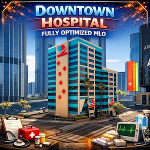 May include: A digital graphic featuring a multi-story hospital building with blue and tan walls, marked with red cross symbols. In the foreground, medical equipment includes a red first aid kit, a stethoscope, a clipboard, and a heart monitor.
