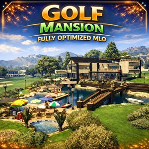 Könnte beinhalten: Eine digitale Darstellung eines modernen, mehrstöckigen Herrenhauses auf einem Golfplatz mit einem großen Swimmingpool, einer Holzbrücke und Sitzgelegenheiten im Freien mit bunten Sonnenschirmen. Der Text GOLF MANSION FULLY OPTIMIZED MLO steht darüber.