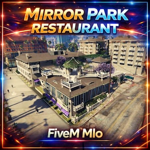 May include: A digital rendering of a multi-level building labeled Mirror Park Restaurant and FiveM Mlo. The structure features a rooftop terrace with a gazebo, white railings, and purple flowering trees, situated on a corner lot near a city street.