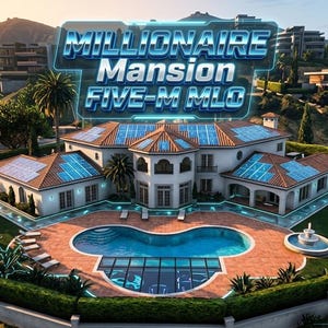 Könnte beinhalten: Eine digitale Darstellung einer Luxusvilla mit Swimmingpool, Putting Green und Solarpaneelen auf dem Dach. Der Text MILLIONAIRE Mansion FIVE-M MLO ist in der Mitte zu sehen, und FIVE-M BUILD V3.0 steht in der unteren rechten Ecke.