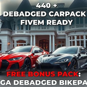 May include: A digital graphic featuring a red sports car and a black sports car parked in front of a large white mansion. The text reads 440 + DEBADGED CARPACK FIVEM READY and FREE BONUS PACK: MEGA DEBADGED BIKEPACK in white and red lettering.