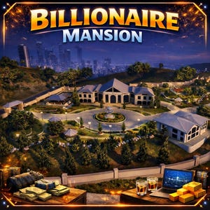 May include: A digital illustration titled Billionaire Mansion featuring a large estate with a circular driveway, fountain, and landscaped grounds at night. In the foreground, stacks of cash, gold bars, and a laptop are displayed on wooden surfaces.
