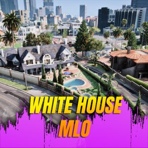 Könnte beinhalten: Eine digitale Darstellung eines großen weißen Hauses mit dunklem Schindeldach, einem Swimmingpool und einem angelegten Garten vor einer Stadtkulisse. Der Text WHITE HOUSE MLO erscheint in fetten gelben Buchstaben auf einem violetten Farbtropfeneffekt.
