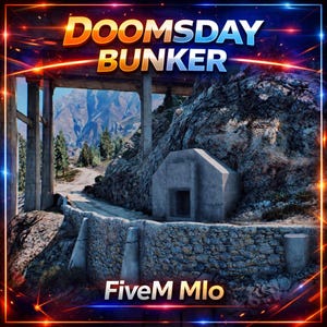 Könnte beinhalten: Eine digitale Grafik mit dem Text Doomsday Bunker und FiveM Mlo. Die Szene zeigt einen Betoneingang zu einem Bunker in einem felsigen Berghang, gelegen neben einer Steinmauer und einem Feldweg unter einer Betonbrückenkonstruktion.