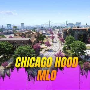May include: A digital landscape view of a city neighborhood with multi-story buildings, green trees, and pink flowering bushes along a curved road, featuring the yellow text CHICAGO HOOD MLO overlaid on a bright purple paint drip background.