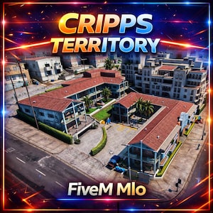 May include: An aerial view of a multi-story apartment complex with red tile roofs and palm trees in a courtyard. The text CRIPPS TERRITORY appears in large letters at the top, and the text FiveM Mlo is displayed at the bottom of the image.
