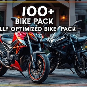 May include: Two motorcycles, one red and one black, parked on a paved surface. The text 100+ BIKE PACK FULLY OPTIMIZED BIKE PACK is displayed in white letters above the motorcycles. The red motorcycle features orange frame accents and black wheels.