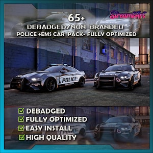 May include: A digital collection of 65+ debadged and non-branded police and EMS vehicles. The image displays two black sports cars with police markings, including the text POLICE and LOS SANTOS, set against a dark urban background.