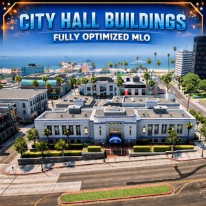 Könnte beinhalten: Eine digitale Darstellung eines Rathauses mit grauer Fassade, blauem Vordach und Flachdach. Der Text CITY HALL BUILDINGS FULLY OPTIMIZED MLO steht oben. Die Szene zeigt umliegende städtische Gebäude, Palmen und einen Blick auf die Küste.