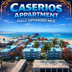Könnte beinhalten: Eine digitale Grafik mit dem Text CASERIOS APPARTMENT FULLY OPTIMIZED MLO über einer Luftaufnahme eines Küstenviertels mit grauen Gebäuden, hellblauen Dächern, Palmen und einem Strand mit einem Pier und Fahrgeschäften.