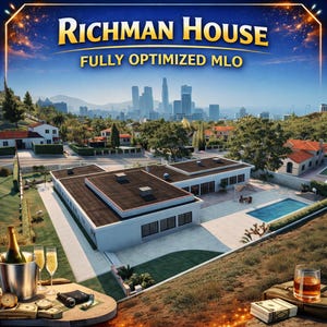 Könnte beinhalten: Eine digitale Darstellung eines modernen weißen Hauses mit Flachdach und Swimmingpool, mit dem Text RICHMAN HOUSE FULLY OPTIMIZED MLO. Im Vordergrund stehen ein Champagnerkühler, zwei Gläser, eine Brieftasche und ein Geldbündel auf einem Tisch.