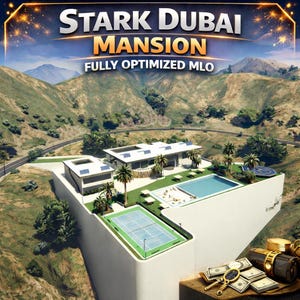 Könnte beinhalten: Eine digitale Darstellung einer modernen Villa mit Swimmingpool, Tennisplatz und Hubschrauberlandeplatz, beschriftet mit STARK DUBAI MANSION FULLY OPTIMIZED MLO. Im Vordergrund sind ein Stapel US-Dollar-Scheine, Goldmünzen und eine goldene Taschenuhr zu sehen.