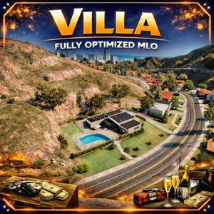 Könnte beinhalten: Eine digitale Darstellung einer Villa mit Swimmingpool, umgeben von Hügeln und einer Straße. Der Text VILLA FULLY OPTIMIZED MLO steht oben. Im Vordergrund liegen auf einer Holzoberfläche Geldbündel, eine Champagnerflasche und Gläser.