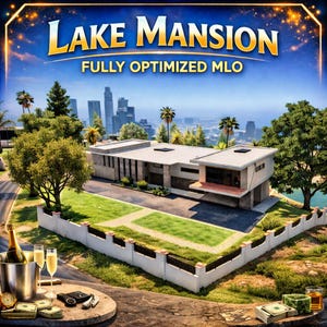 Könnte beinhalten: Eine digitale Grafik mit einer modernen Villa mit Flachdach, einer grünen Rasenfläche und einem weißen Zaun. Der Text lautet LAKE MANSION FULLY OPTIMIZED MLO. Im Vordergrund sind ein Sektkühler, zwei Gläser und Geldscheine zu sehen.