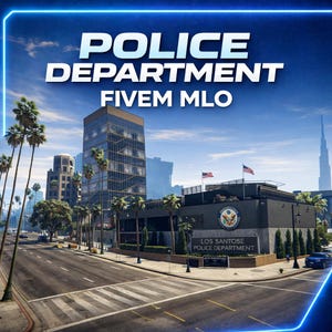 Op de afbeelding: Een digitale weergave van een politiebureau met de tekst POLICE DEPARTMENT FIVEEM MLO bovenaan en LOS SANTOSE POLICE DEPARTMENT op de gevel. De scène bevat palmbomen, een gebouw met meerdere verdiepingen en Amerikaanse vlaggen.