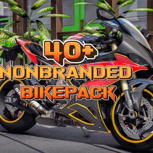 May include: A sport motorcycle with a red, black, and yellow color scheme, featuring a dark windshield and yellow-rimmed wheels. The text 40+ NONBRANDED BIKEPACK is overlaid in large orange and white letters across the center of the motorcycle.