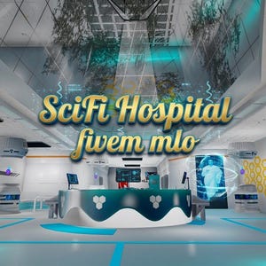 Könnte beinhalten: Ein futuristischer Krankenhausinnenraum mit einem zentralen weißen und türkisfarbenen Empfangstresen mit Sechseckmustern, medizinischen Krankentragen, leuchtend blauen Bodenlinien und einem Hologramm. Der Text SciFi Hospital fivem mlo ist zentriert.