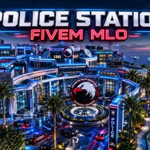 May include: A digital rendering of a modern police station building at night, featuring the text POLICE STATION FIVE MLO. The structure includes a helipad, blue neon lighting, palm trees, and a circular emblem with an eagle logo and text.