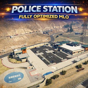 Könnte beinhalten: Eine Luftaufnahme eines Polizeireviers mit Parkplatz, einem mit dem Wort SHERIFF markierten Hubschrauberlandeplatz und mehreren Gebäuden mit grünen Dächern. Der Text POLICE STATION und FULLY OPTIMIZED MLO steht oben im Bild.