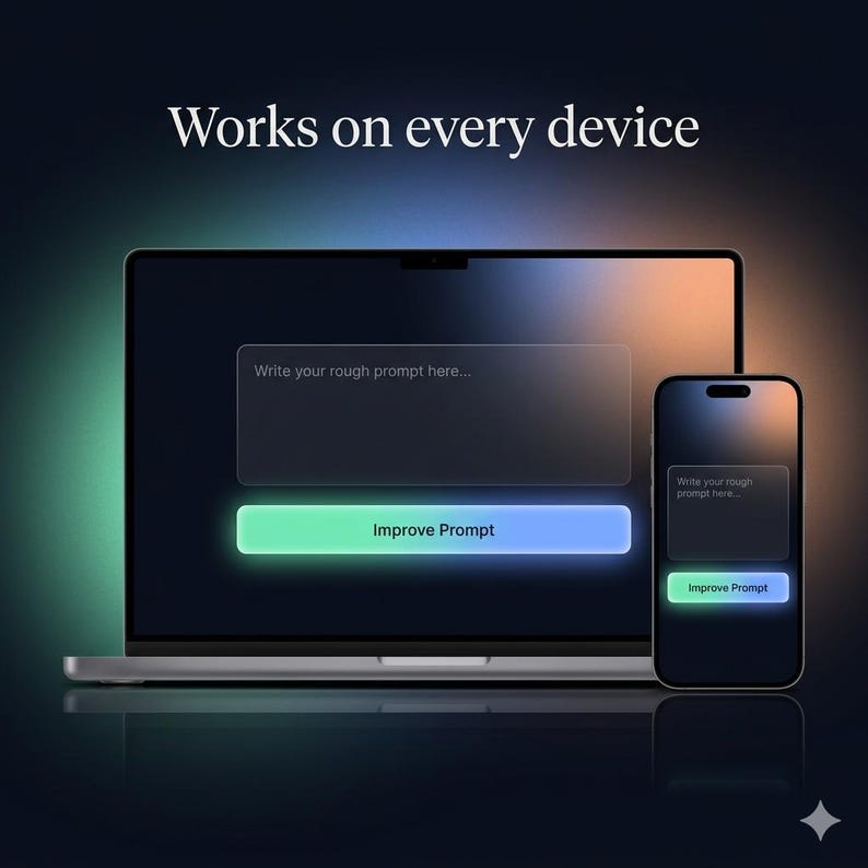 Pode incluir: Um computador port&aacute;til e um smartphone exibem uma interface com o texto Works on every device no topo. Ambos os ecr&atilde;s apresentam uma caixa de texto Write your rough prompt here e um bot&atilde;o luminoso com a inscri&ccedil;&atilde;o Improve Prompt.