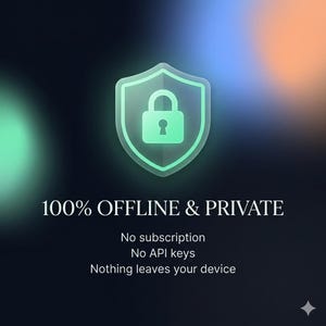 Pode incluir: Um &iacute;cone de escudo verde claro brilhante com um s&iacute;mbolo de cadeado central acima do texto 100% OFFLINE & PRIVATE, seguido pelas linhas No subscription, No API keys e Nothing leaves your device, em um fundo escuro com gradiente.