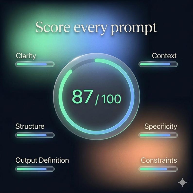 Pode incluir: Uma interface digital com o texto Score every prompt no topo. Um anel de progresso circular central exibe o n&uacute;mero 87/100. Seis barras de progresso horizontais rotuladas como Clarity, Context, Structure, Specificity, Output Definition e Constraints est&atilde;o dispostas ao redor do anel central contra um fundo escuro e desfocado.