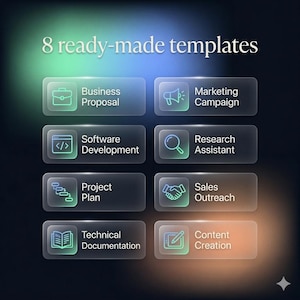 Pode incluir: Um gr&aacute;fico digital exibindo 8 modelos prontos com bot&otilde;es de vidro fosco. Cada bot&atilde;o apresenta um &iacute;cone exclusivo e o texto: Business Proposal, Marketing Campaign, Software Development, Research Assistant, Project Plan, Sales Outreach, Technical Documentation e Content Creation.