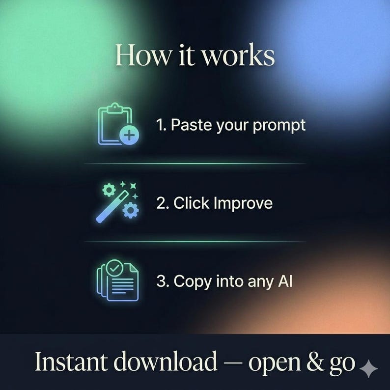 Pode incluir: Um gr&aacute;fico digital intitulado How it works com tr&ecirc;s passos: 1. Paste your prompt com um &iacute;cone de prancheta, 2. Click Improve com um &iacute;cone de varinha m&aacute;gica e 3. Copy into any AI com um &iacute;cone de documento. O texto inferior diz Instant download &mdash; open & go.