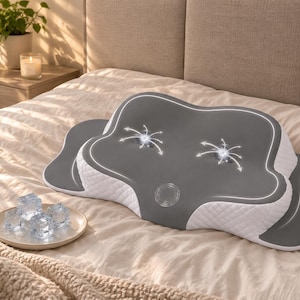 May include: A grey and white ergonomic pillow with a contoured shape, featuring a quilted white side panel and a smooth grey top surface. Two circular icons with radiating arrows are printed on the top, along with a central circular button.