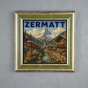 Ingelijst wanddecoratie: Zermatt natuurstenen bord, vintage Matterhorn reisdecoratie