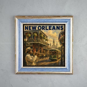 May include: A framed print titled NEW ORLEANS featuring a musician in a light suit playing a trumpet on a street corner. The scene includes a green streetcar, wrought iron balconies, and street signs for Bourbon and Royal in a blue wood frame.