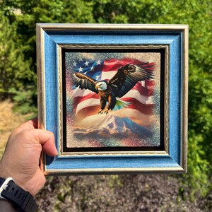 Ingelijste wanddecoratie: Amerikaanse zeearend, Amerikaanse vlag, natuursteen, Freedom Flight